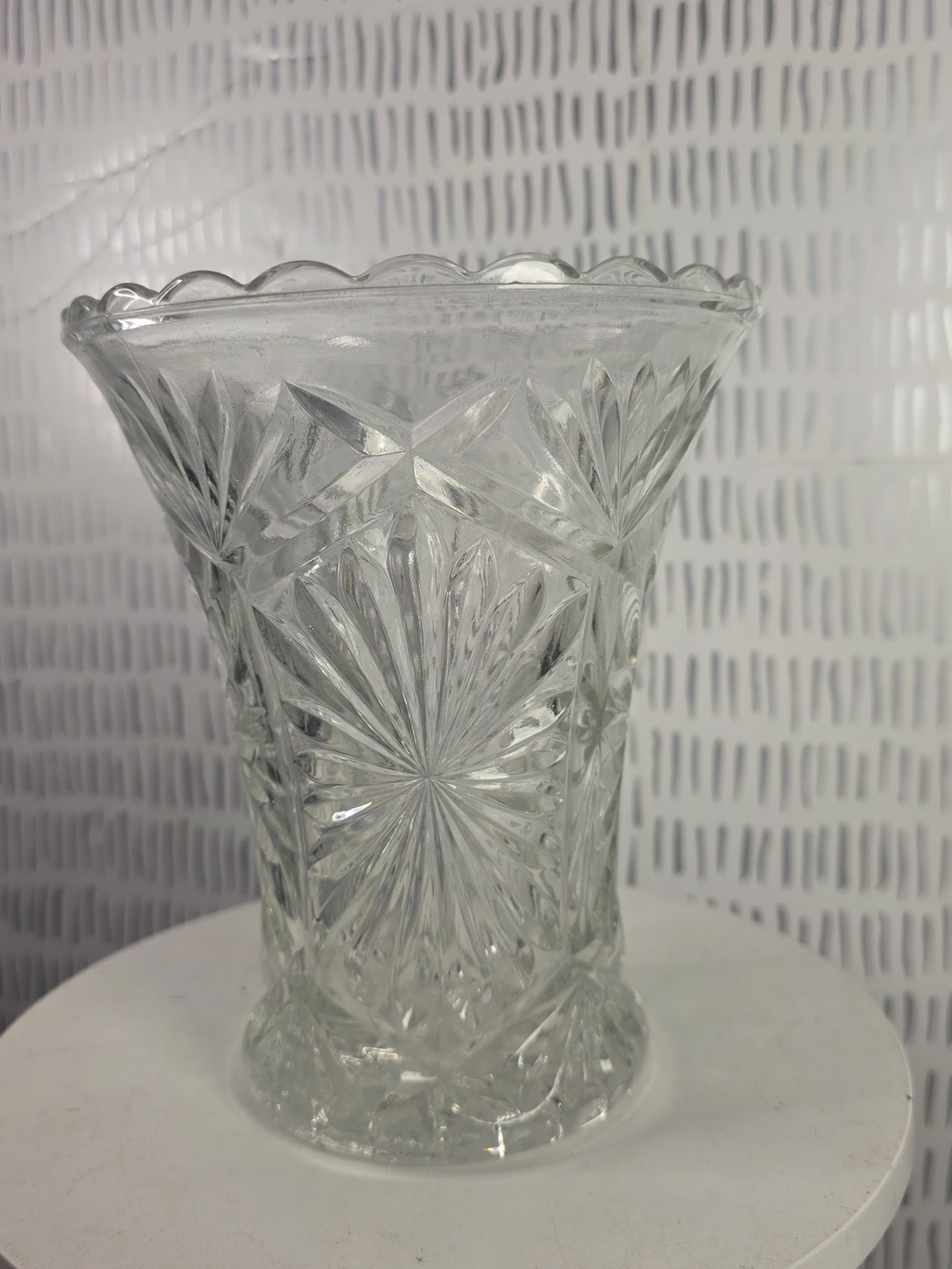 Vintage Clear Pressed Glass Starburst Vase Scalloped 7"